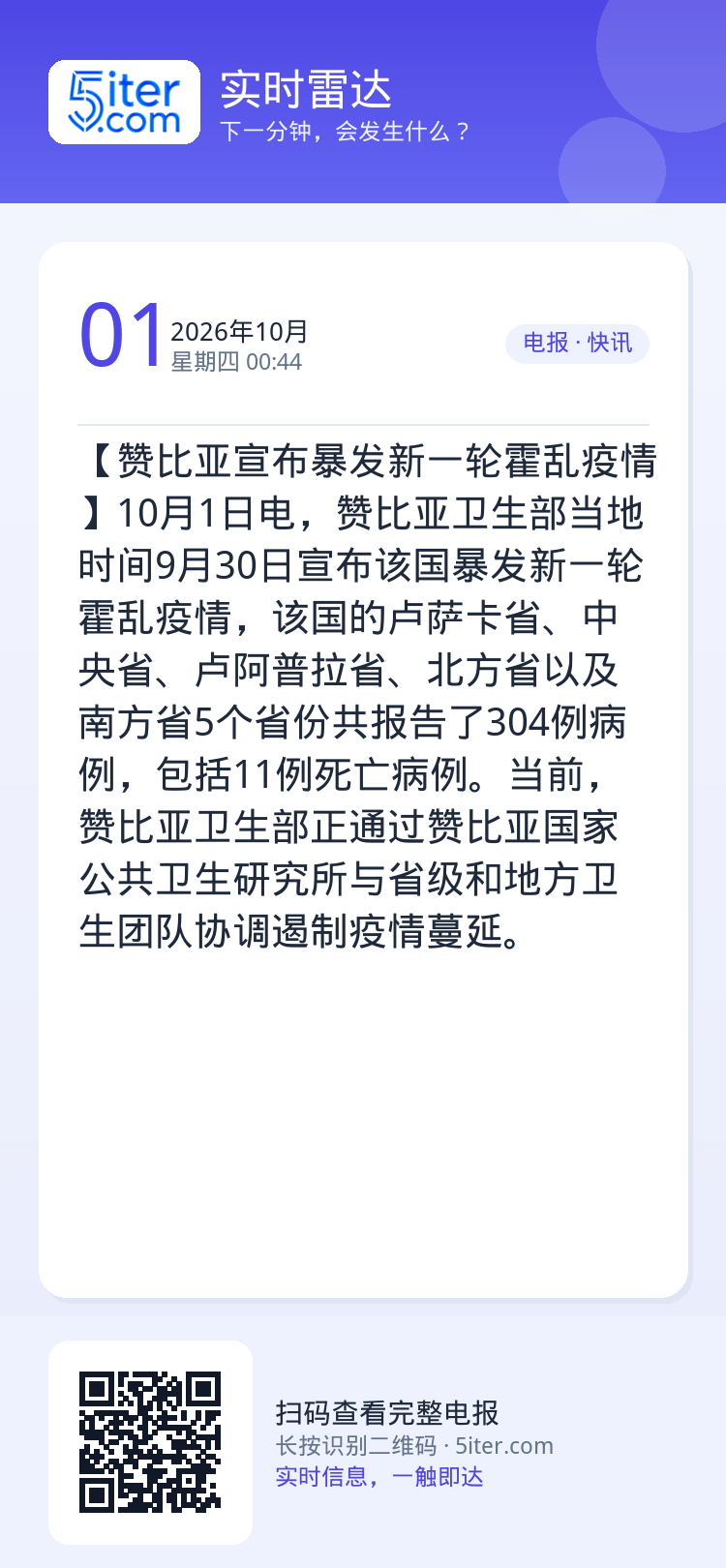 【赞比亚宣布暴发新一轮霍乱疫情】10月1日电，赞比亚卫生部当地时间9月30日宣布该国暴发新一轮霍乱疫情，该国的卢萨卡省、