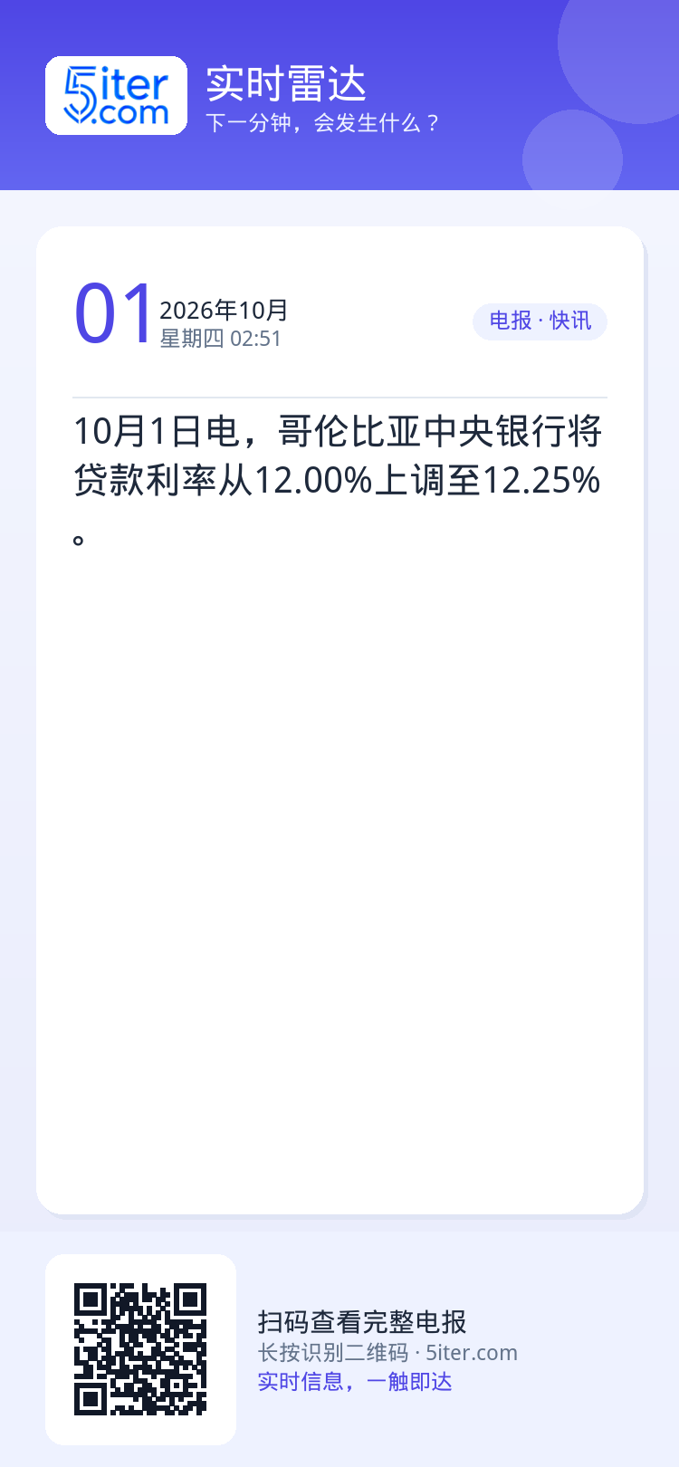 10月1日电，哥伦比亚中央银行将贷款利率从12.00%上调至12.25%。