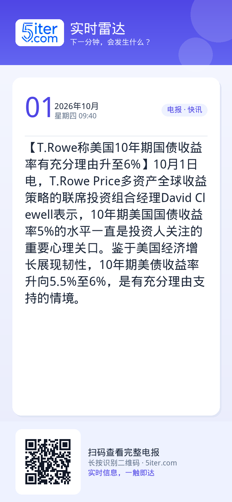 【T.Rowe称美国10年期国债收益率有充分理由升至6%】10月1日电，T.Rowe Price多资产全球收益策略的联席