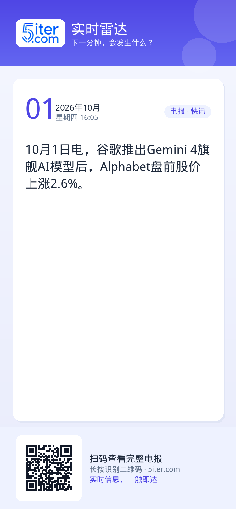 10月1日电，谷歌推出Gemini 4旗舰AI模型后，Alphabet盘前股价上涨2.6%。