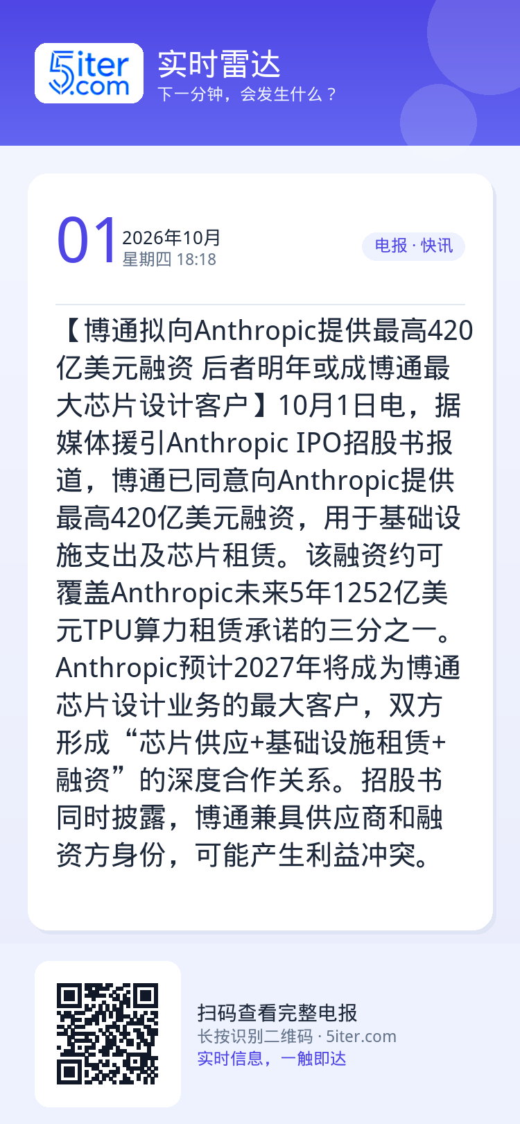 【博通拟向Anthropic提供最高420亿美元融资 后者明年或成博通最大芯片设计客户】10月1日电，据媒体援引Anth