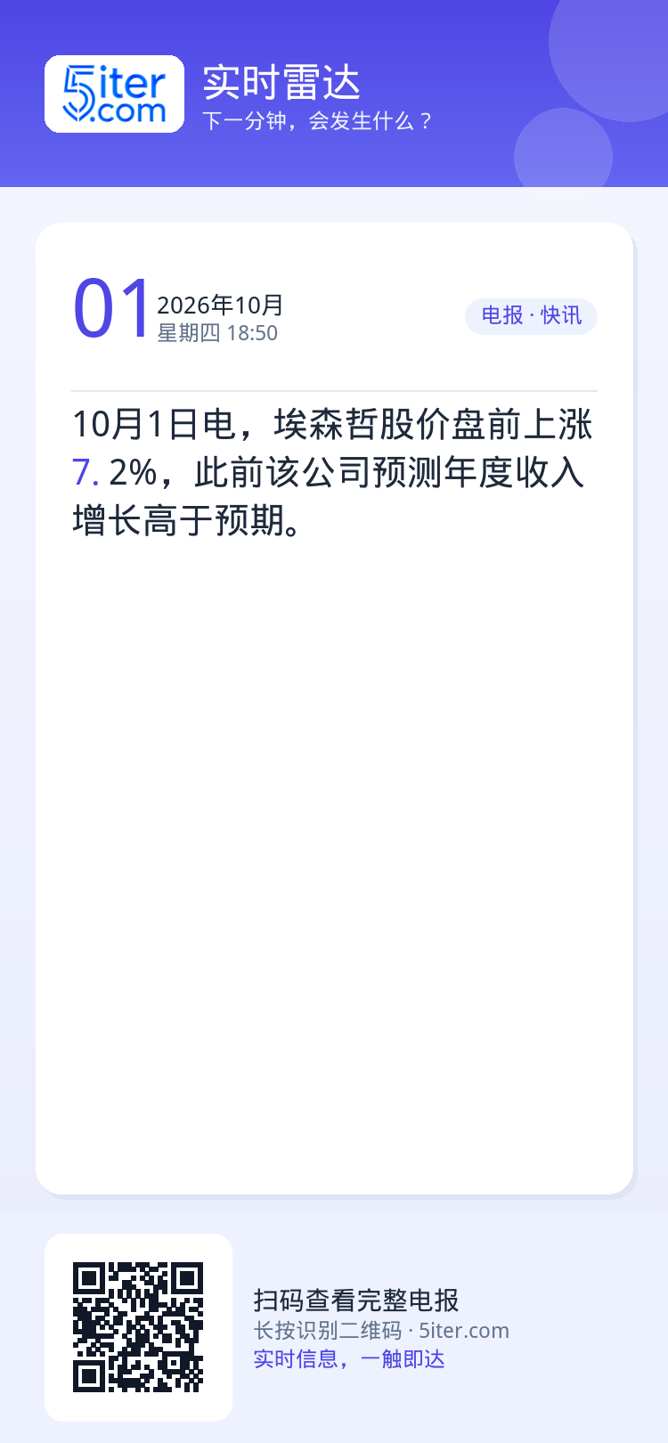 10月1日电，埃森哲股价盘前上涨7.2%，此前该公司预测年度收入增长高于预期。