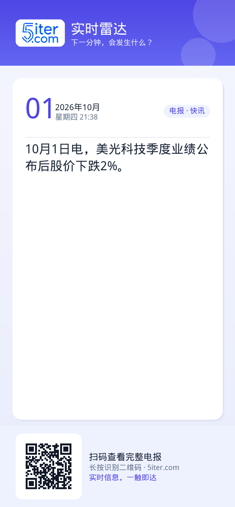 10月1日电，美光科技季度业绩公布后股价下跌2%。