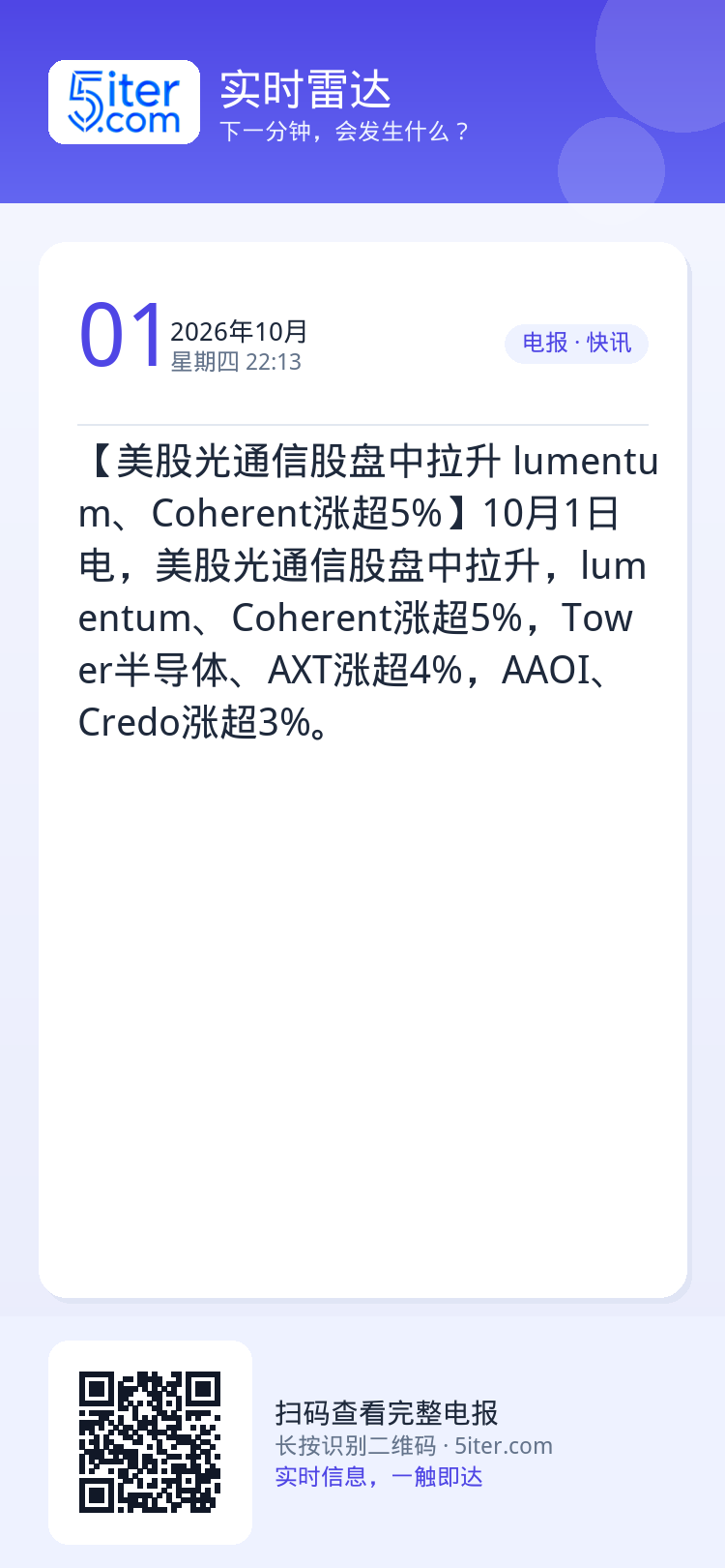 【美股光通信股盘中拉升 lumentum、Coherent涨超5%】10月1日电，美股光通信股盘中拉升，lumentum