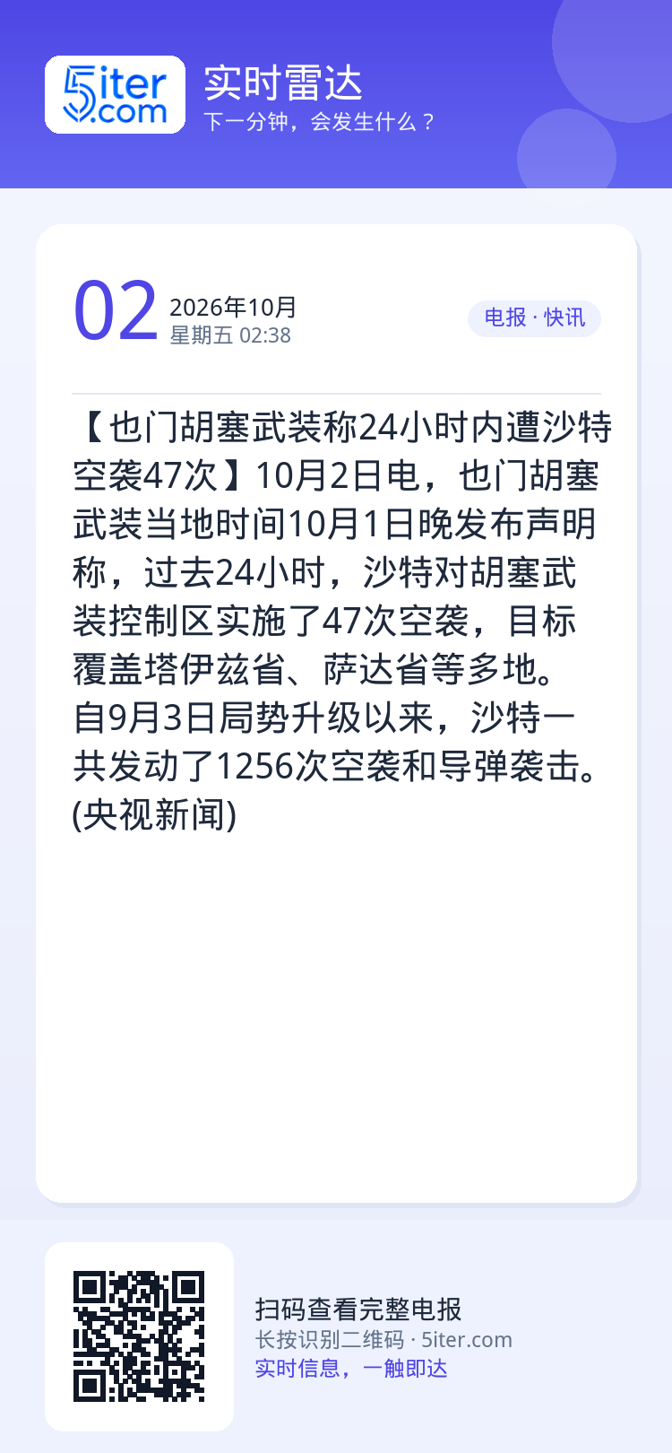 【也门胡塞武装称24小时内遭沙特空袭47次】10月2日电，也门胡塞武装当地时间10月1日晚发布声明称，过去24小时，沙特