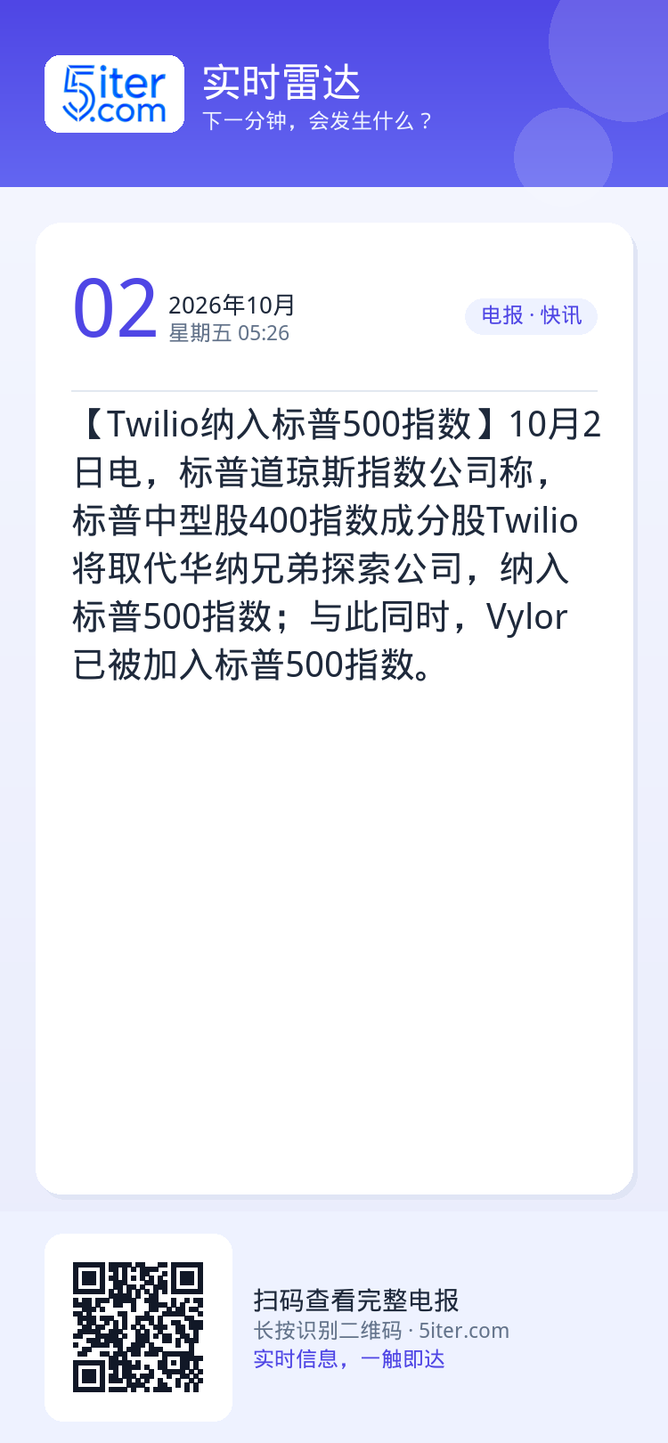 【Twilio纳入标普500指数】10月2日电，标普道琼斯指数公司称，标普中型股400指数成分股Twilio将取代华纳兄