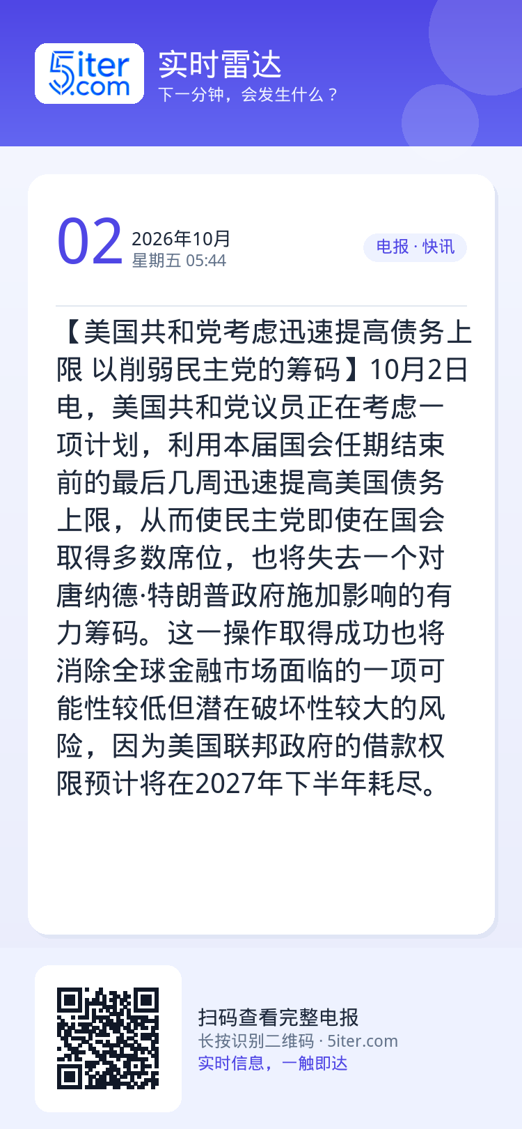 【美国共和党考虑迅速提高债务上限 以削弱民主党的筹码】10月2日电，美国共和党议员正在考虑一项计划，利用本届国会任期结束