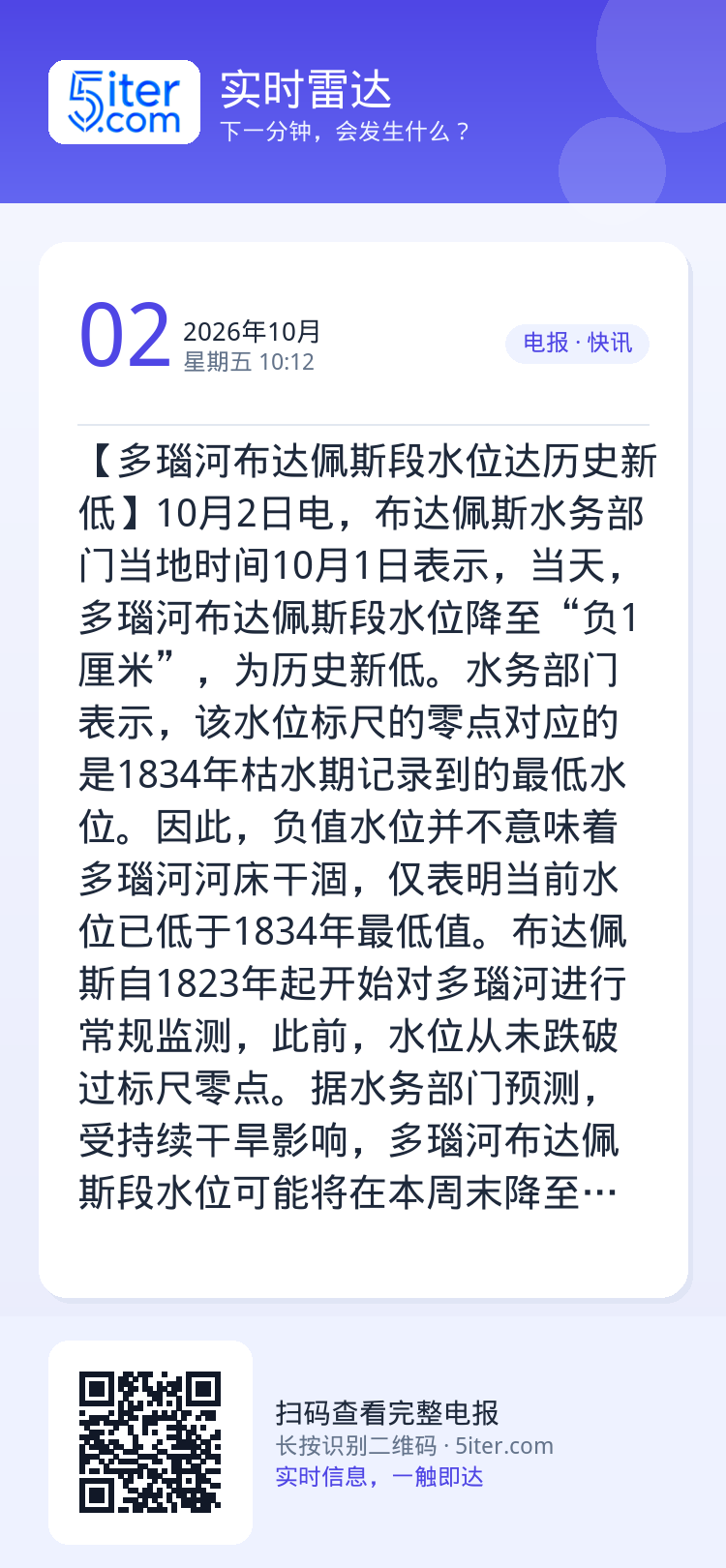 【多瑙河布达佩斯段水位达历史新低】10月2日电，布达佩斯水务部门当地时间10月1日表示，当天，多瑙河布达佩斯段水位降至“