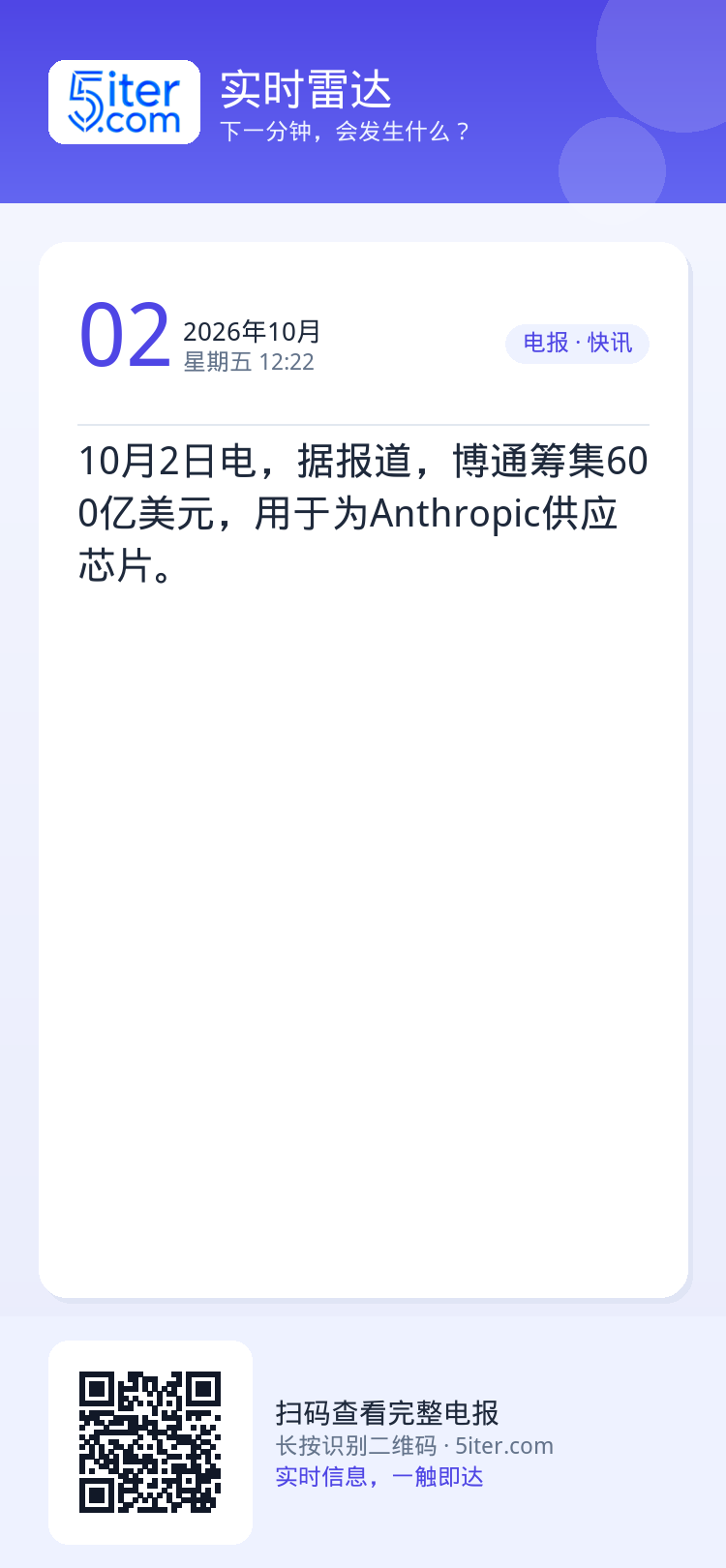 10月2日电，据报道，博通筹集600亿美元，用于为Anthropic供应芯片。