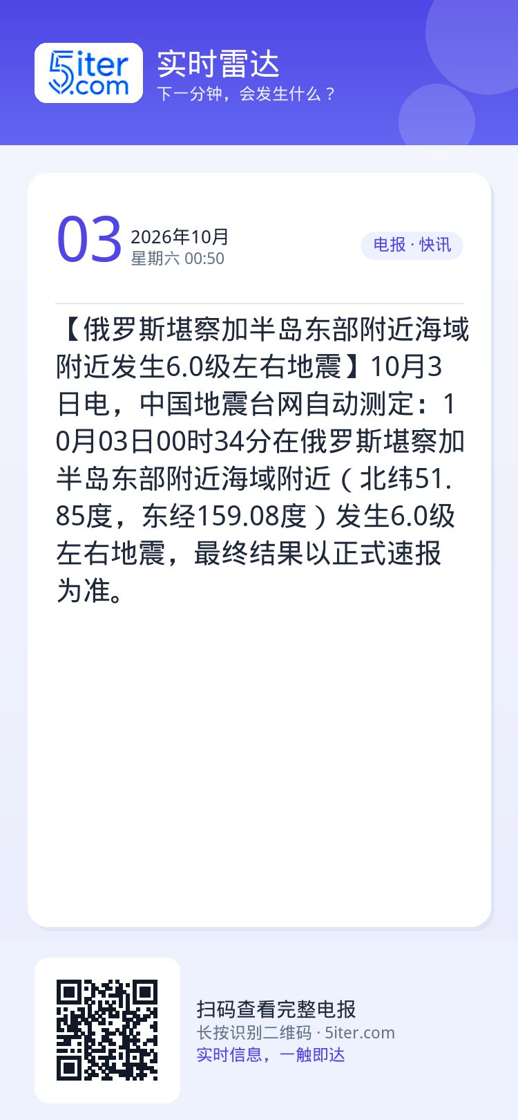 【俄罗斯堪察加半岛东部附近海域附近发生6.0级左右地震】10月3日电，中国地震台网自动测定：10月03日00时34分在俄