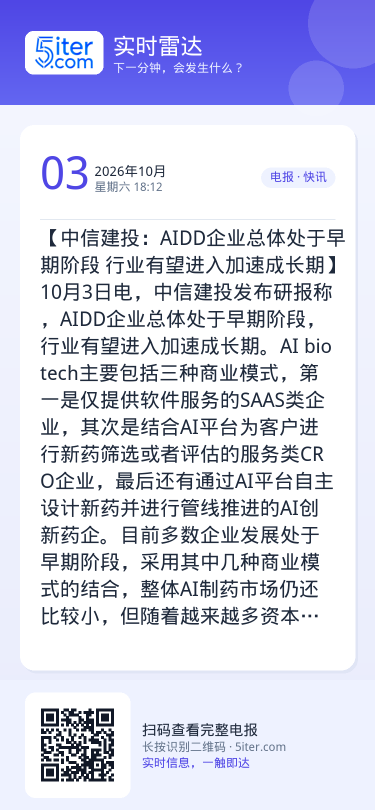 【中信建投：AIDD企业总体处于早期阶段 行业有望进入加速成长期】10月3日电，中信建投发布研报称，AIDD企业总体处于