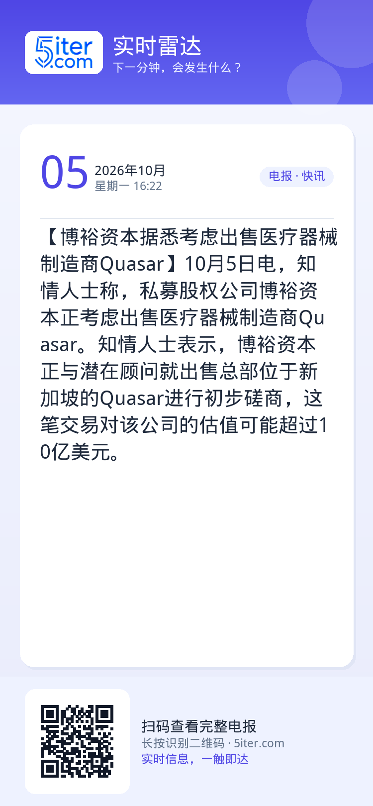 【博裕资本据悉考虑出售医疗器械制造商Quasar】10月5日电，知情人士称，私募股权公司博裕资本正考虑出售医疗器械制造商