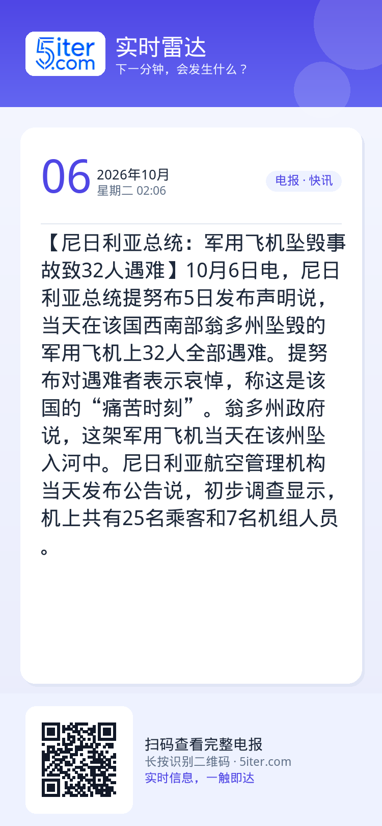 【尼日利亚总统：军用飞机坠毁事故致32人遇难】10月6日电，尼日利亚总统提努布5日发布声明说，当天在该国西南部翁多州坠毁