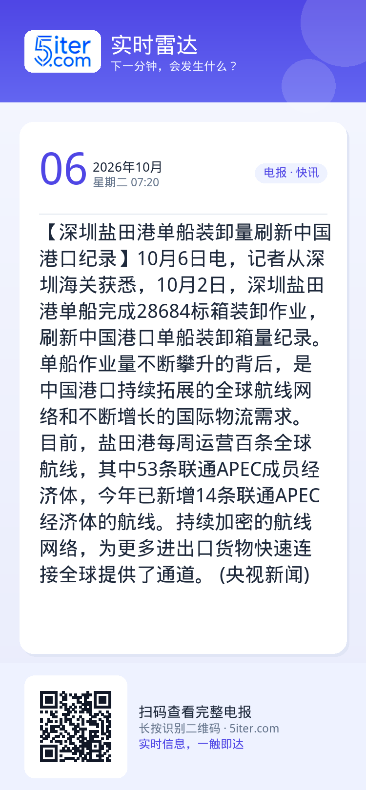 【深圳盐田港单船装卸量刷新中国港口纪录】10月6日电，记者从深圳海关获悉，10月2日，深圳盐田港单船完成28684标箱装