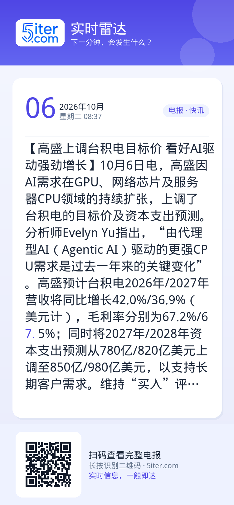 【高盛上调台积电目标价 看好AI驱动强劲增长】10月6日电，高盛因AI需求在GPU、网络芯片及服务器CPU领域的持续扩张