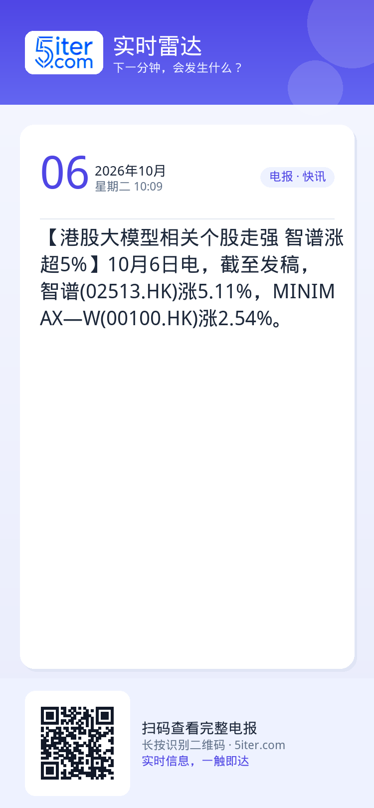 【港股大模型相关个股走强 智谱涨超5%】10月6日电，截至发稿，智谱(02513.HK)涨5.11%，MINIMAX—W