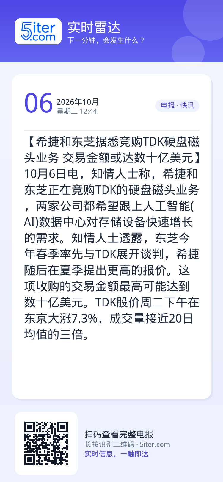 【希捷和东芝据悉竞购TDK硬盘磁头业务 交易金额或达数十亿美元】10月6日电，知情人士称，希捷和东芝正在竞购TDK的硬盘