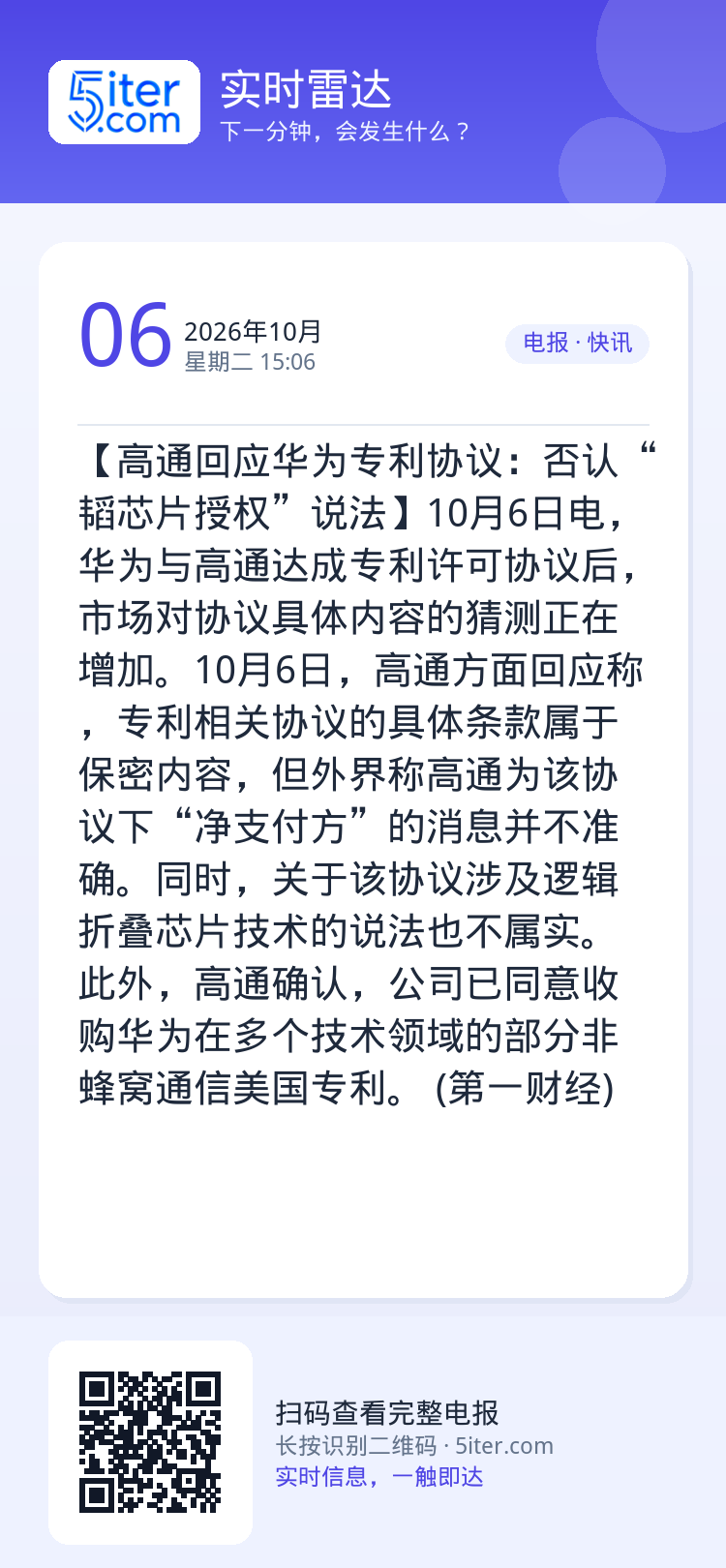 【高通回应华为专利协议：否认“韬芯片授权”说法】10月6日电，华为与高通达成专利许可协议后，市场对协议具体内容的猜测正在