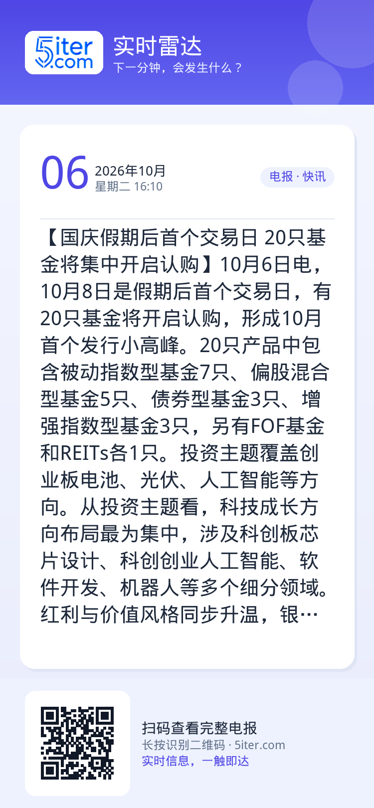 【国庆假期后首个交易日 20只基金将集中开启认购】10月6日电，10月8日是假期后首个交易日，有20只基金将开启认购，形
