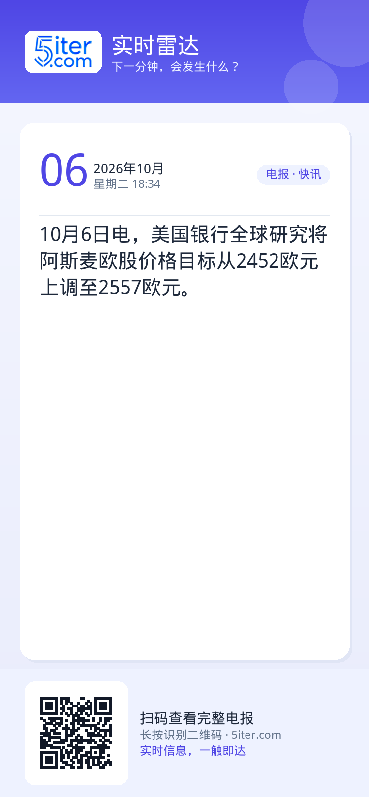 10月6日电，美国银行全球研究将阿斯麦欧股价格目标从2452欧元上调至2557欧元。