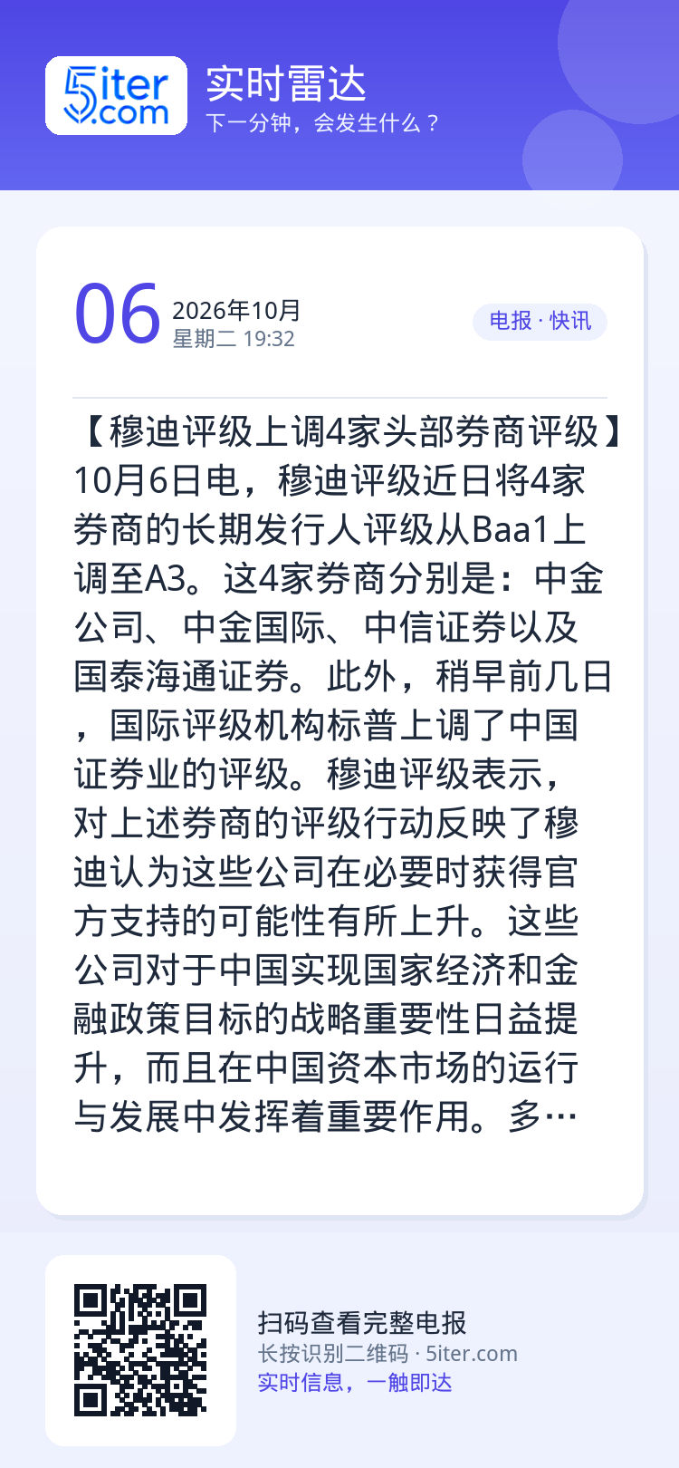 【穆迪评级上调4家头部券商评级】10月6日电，穆迪评级近日将4家券商的长期发行人评级从Baa1上调至A3。这4家券商分别