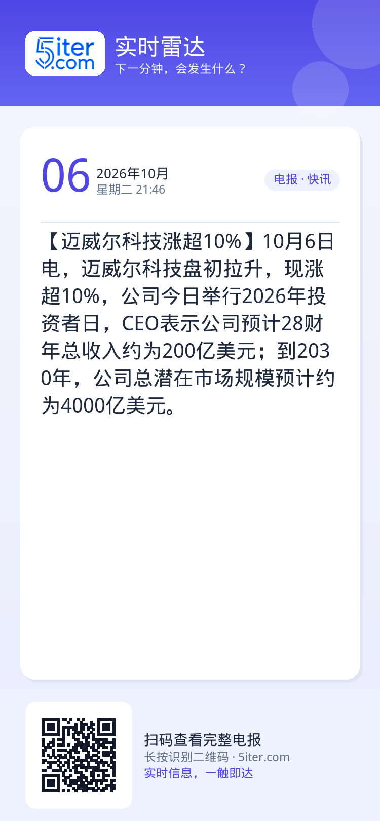 【迈威尔科技涨超10%】10月6日电，迈威尔科技盘初拉升，现涨超10%，公司今日举行2026年投资者日，CEO表示公司预