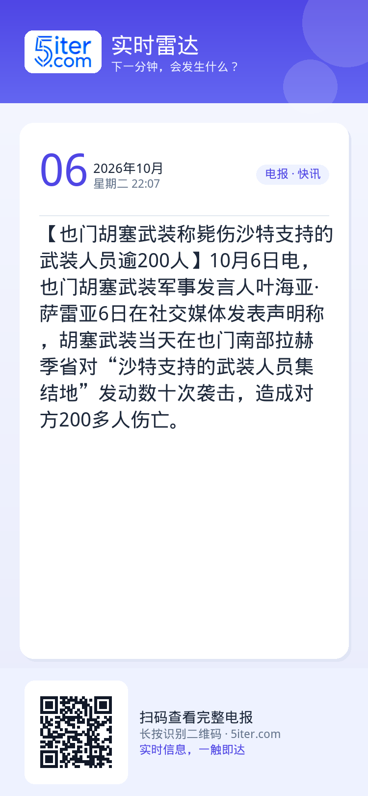 【也门胡塞武装称毙伤沙特支持的武装人员逾200人】10月6日电，也门胡塞武装军事发言人叶海亚·萨雷亚6日在社交媒体发表声