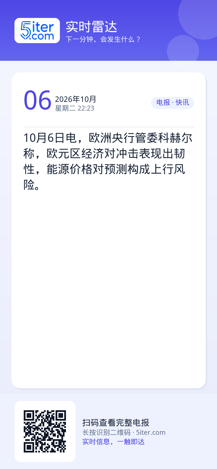 10月6日电，欧洲央行管委科赫尔称，欧元区经济对冲击表现出韧性，能源价格对预测构成上行风险。