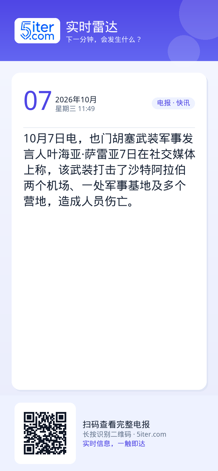 10月7日电，也门胡塞武装军事发言人叶海亚·萨雷亚7日在社交媒体上称，该武装打击了沙特阿拉伯两个机场、一处军事基地及多个