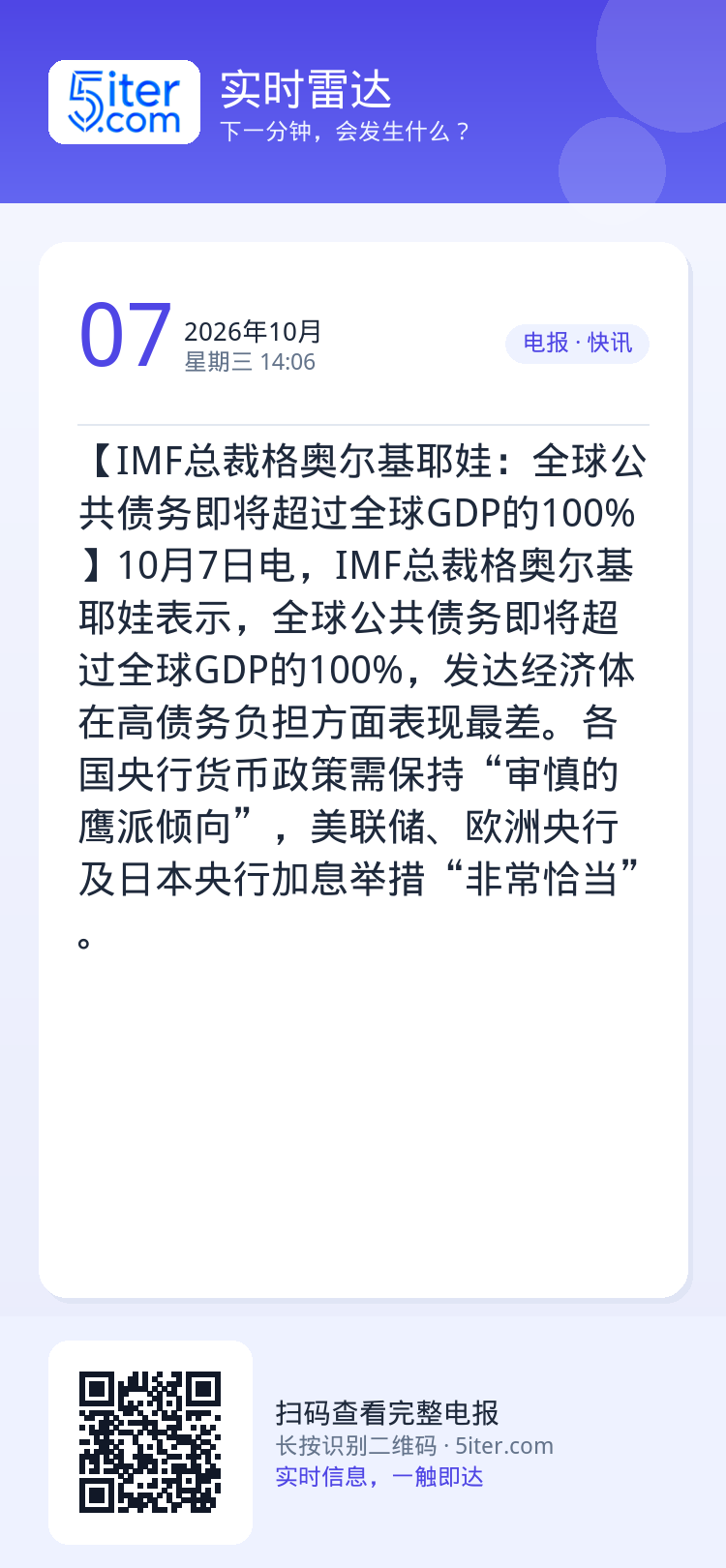 【IMF总裁格奥尔基耶娃：全球公共债务即将超过全球GDP的100%】10月7日电，IMF总裁格奥尔基耶娃表示，全球公共债