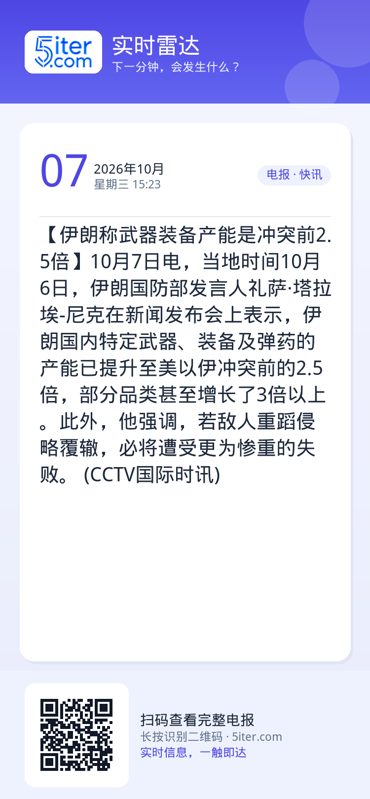 【伊朗称武器装备产能是冲突前2.5倍】10月7日电，当地时间10月6日，伊朗国防部发言人礼萨·塔拉埃-尼克在新闻发布会上