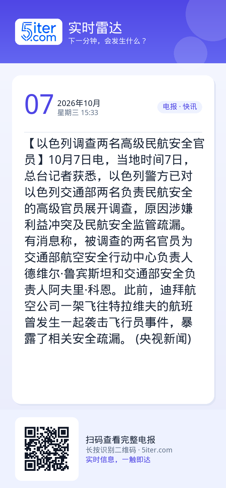 【以色列调查两名高级民航安全官员】10月7日电，当地时间7日，总台记者获悉，以色列警方已对以色列交通部两名负责民航安全的