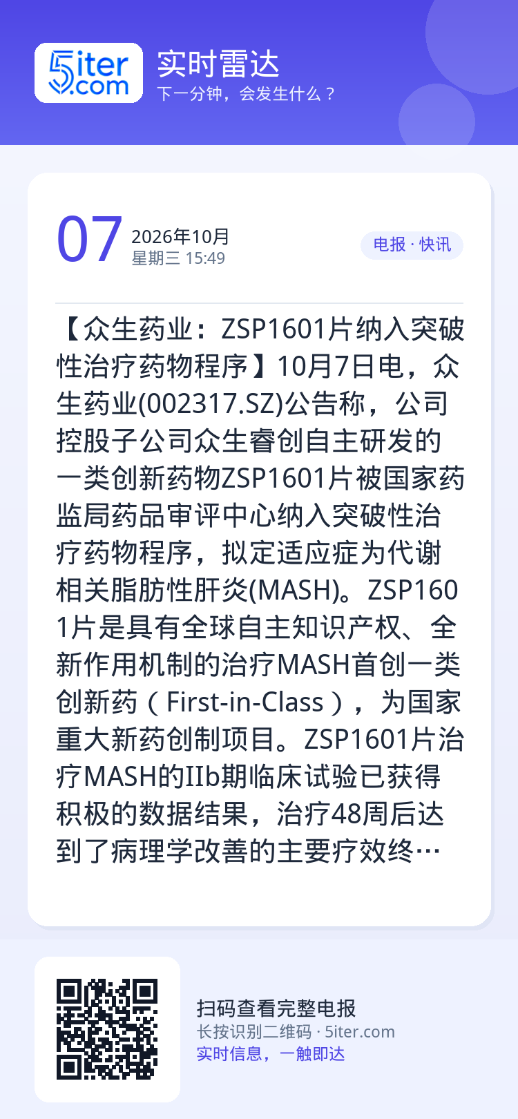 【众生药业：ZSP1601片纳入突破性治疗药物程序】10月7日电，众生药业(002317.SZ)公告称，公司控股子公司众
