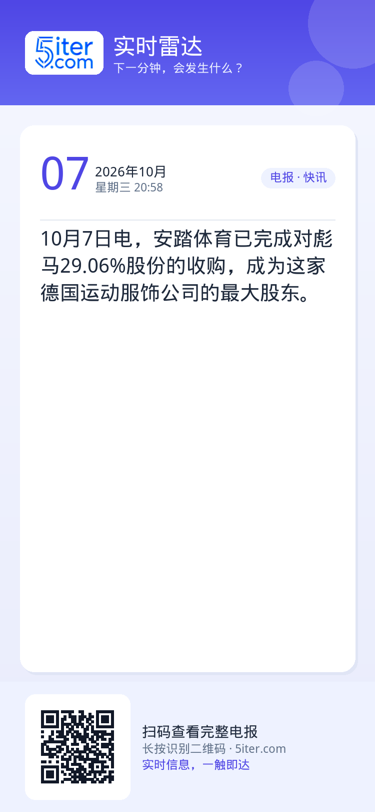 10月7日电，安踏体育已完成对彪马29.06%股份的收购，成为这家德国运动服饰公司的最大股东。