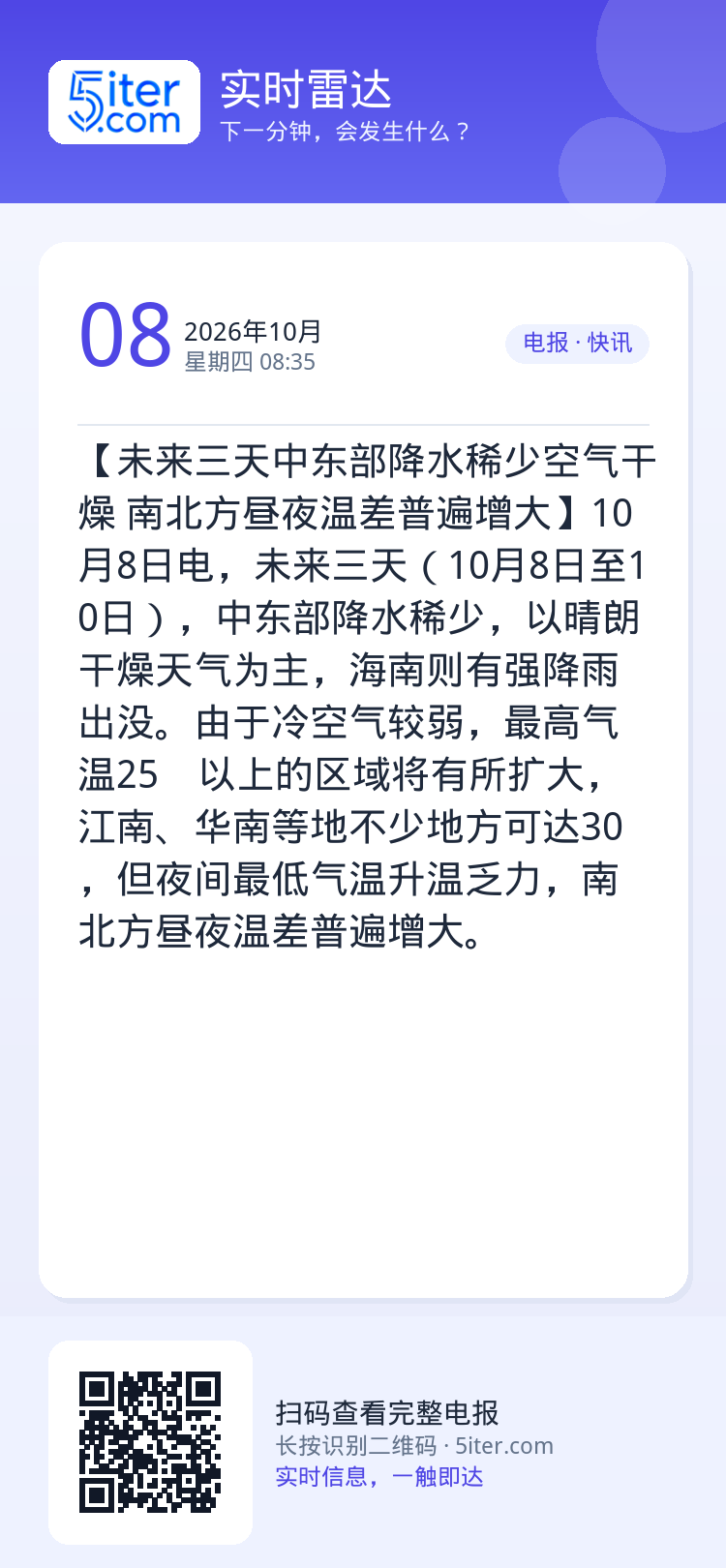 【未来三天中东部降水稀少空气干燥 南北方昼夜温差普遍增大】10月8日电，未来三天（10月8日至10日），中东部降水稀少，