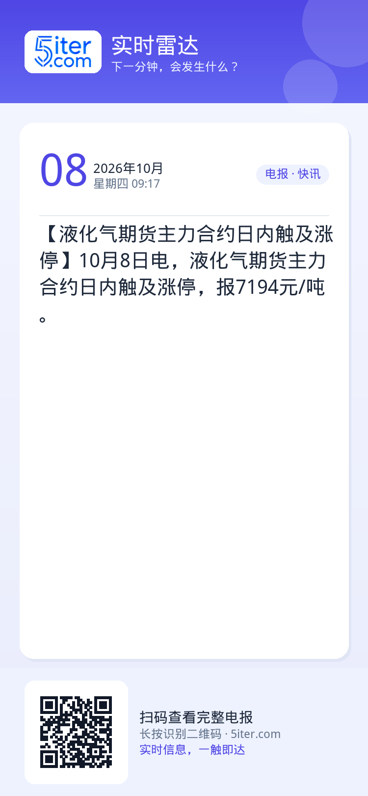 【液化气期货主力合约日内触及涨停】10月8日电，液化气期货主力合约日内触及涨停，报7194元/吨。
