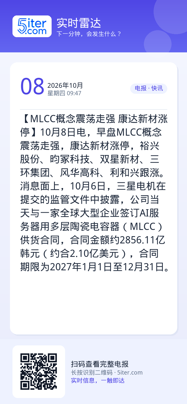 【MLCC概念震荡走强 康达新材涨停】10月8日电，早盘MLCC概念震荡走强，康达新材涨停，裕兴股份、昀冢科技、双星新材