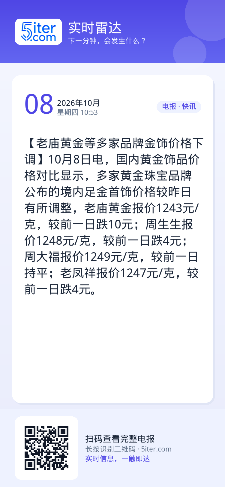 【老庙黄金等多家品牌金饰价格下调】10月8日电，国内黄金饰品价格对比显示，多家黄金珠宝品牌公布的境内足金首饰价格较昨日有
