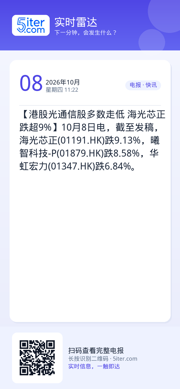 【港股光通信股多数走低 海光芯正跌超9%】10月8日电，截至发稿，海光芯正(01191.HK)跌9.13%，曦智科技-P
