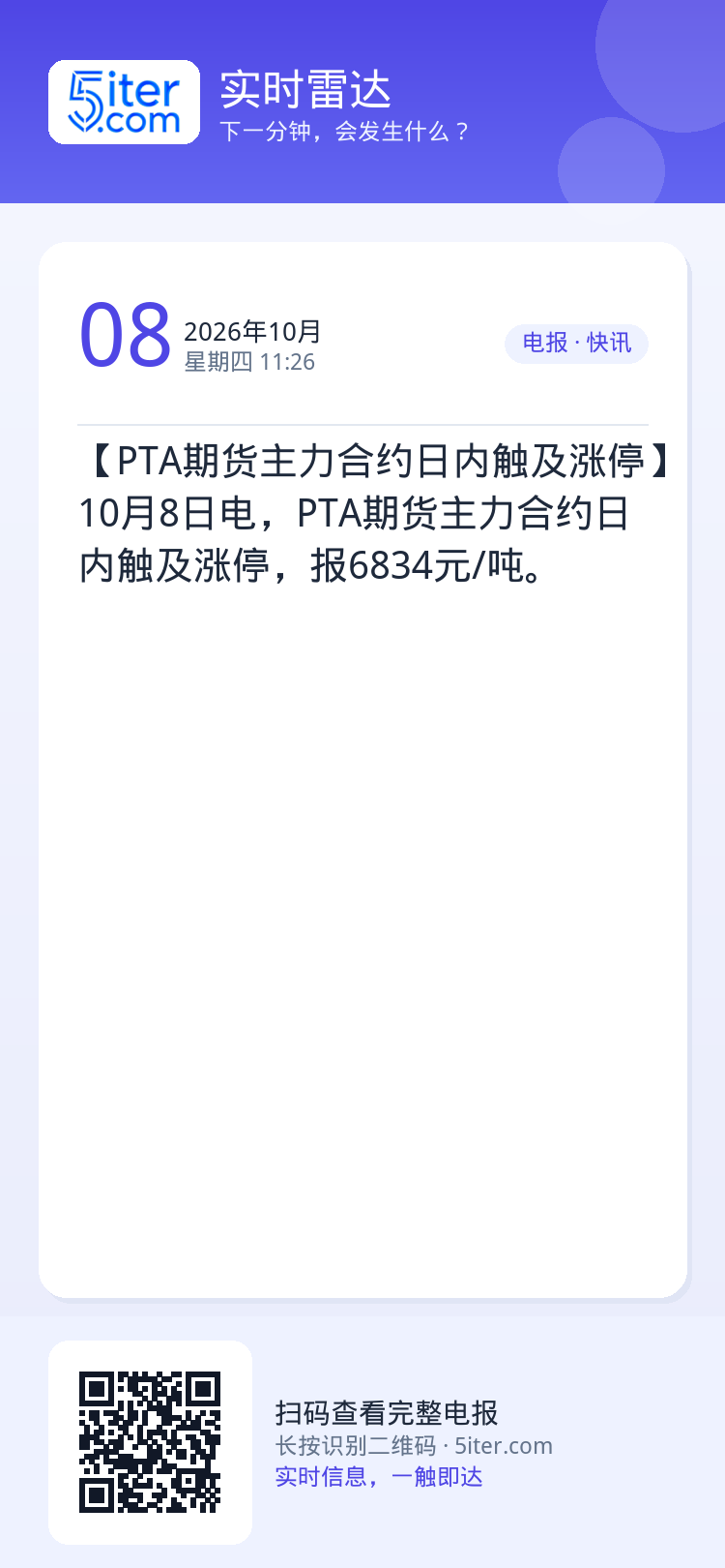 【PTA期货主力合约日内触及涨停】10月8日电，PTA期货主力合约日内触及涨停，报6834元/吨。