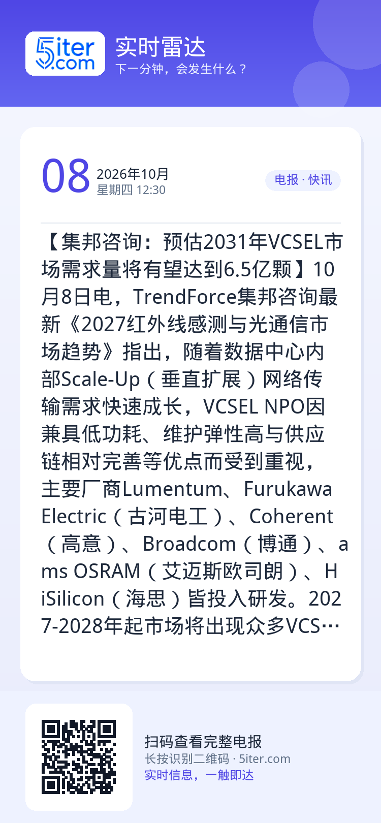 【集邦咨询：预估2031年VCSEL市场需求量将有望达到6.5亿颗】10月8日电，TrendForce集邦咨询最新《20