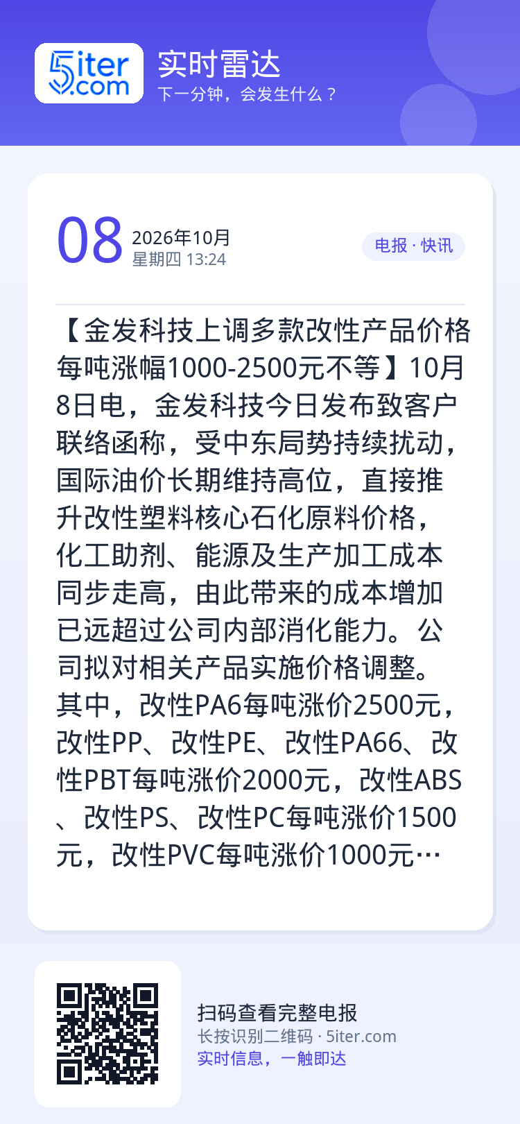【金发科技上调多款改性产品价格 每吨涨幅1000-2500元不等】10月8日电，金发科技今日发布致客户联络函称，受中东局