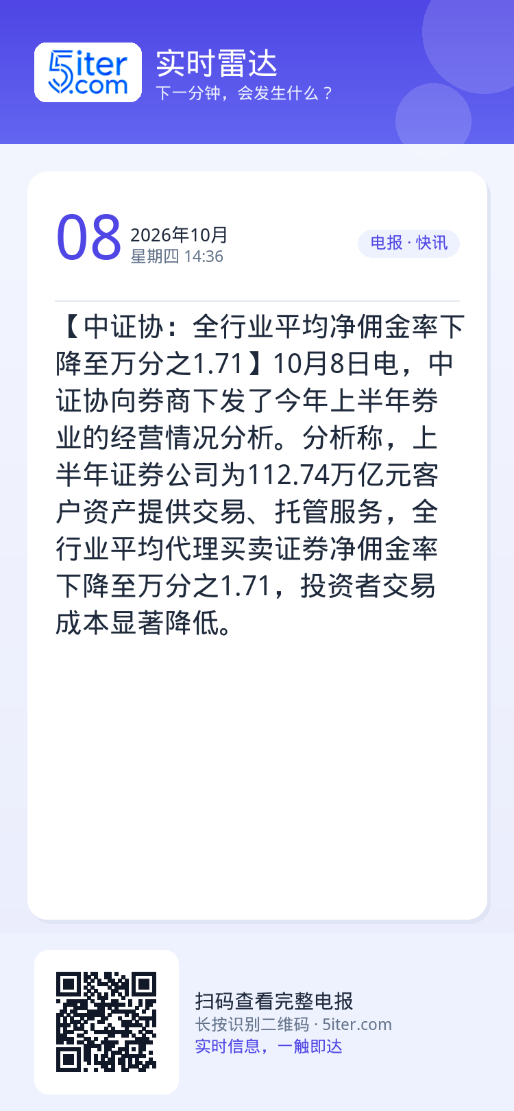 【中证协：全行业平均净佣金率下降至万分之1.71】10月8日电，中证协向券商下发了今年上半年券业的经营情况分析。分析称，