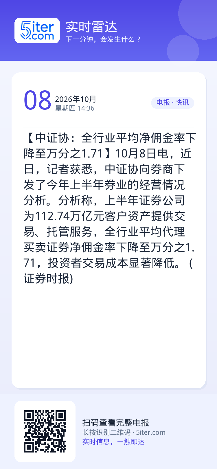 【中证协：全行业平均净佣金率下降至万分之1.71】10月8日电，近日，记者获悉，中证协向券商下发了今年上半年券业的经营情
