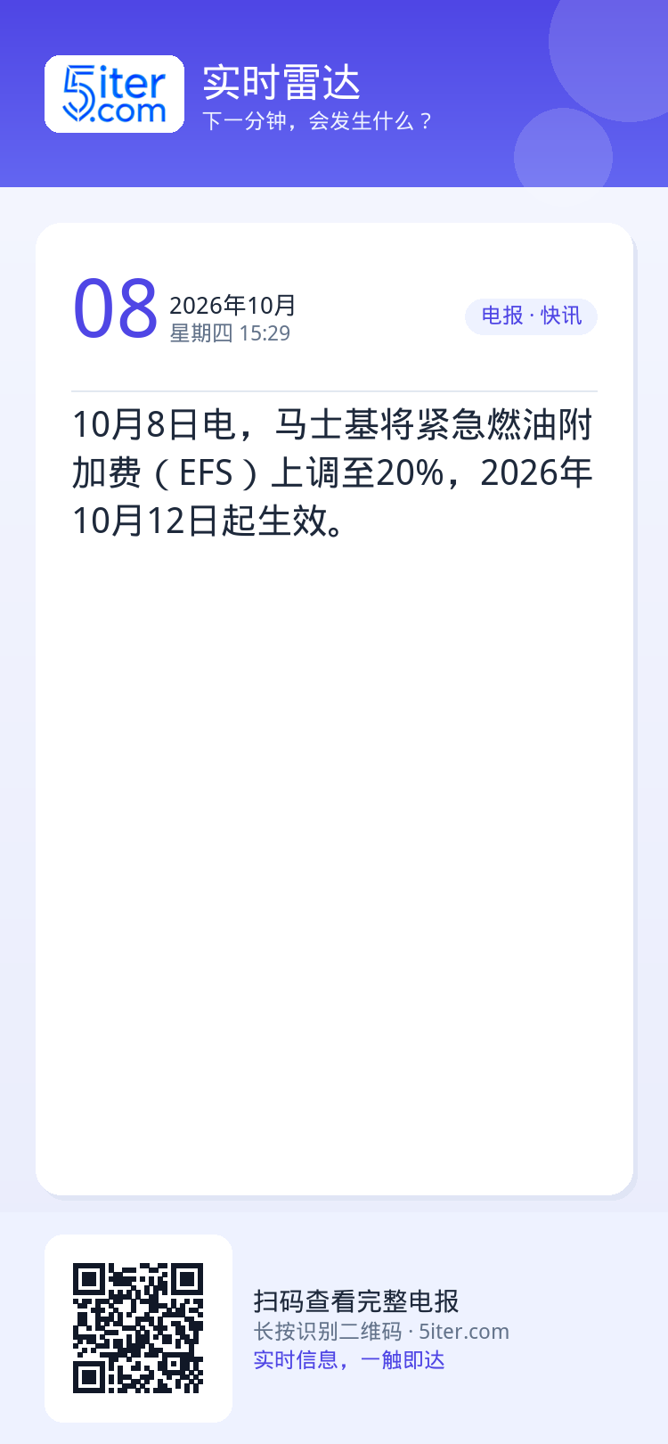 10月8日电，马士基将紧急燃油附加费（EFS）上调至20%，2026年10月12日起生效。