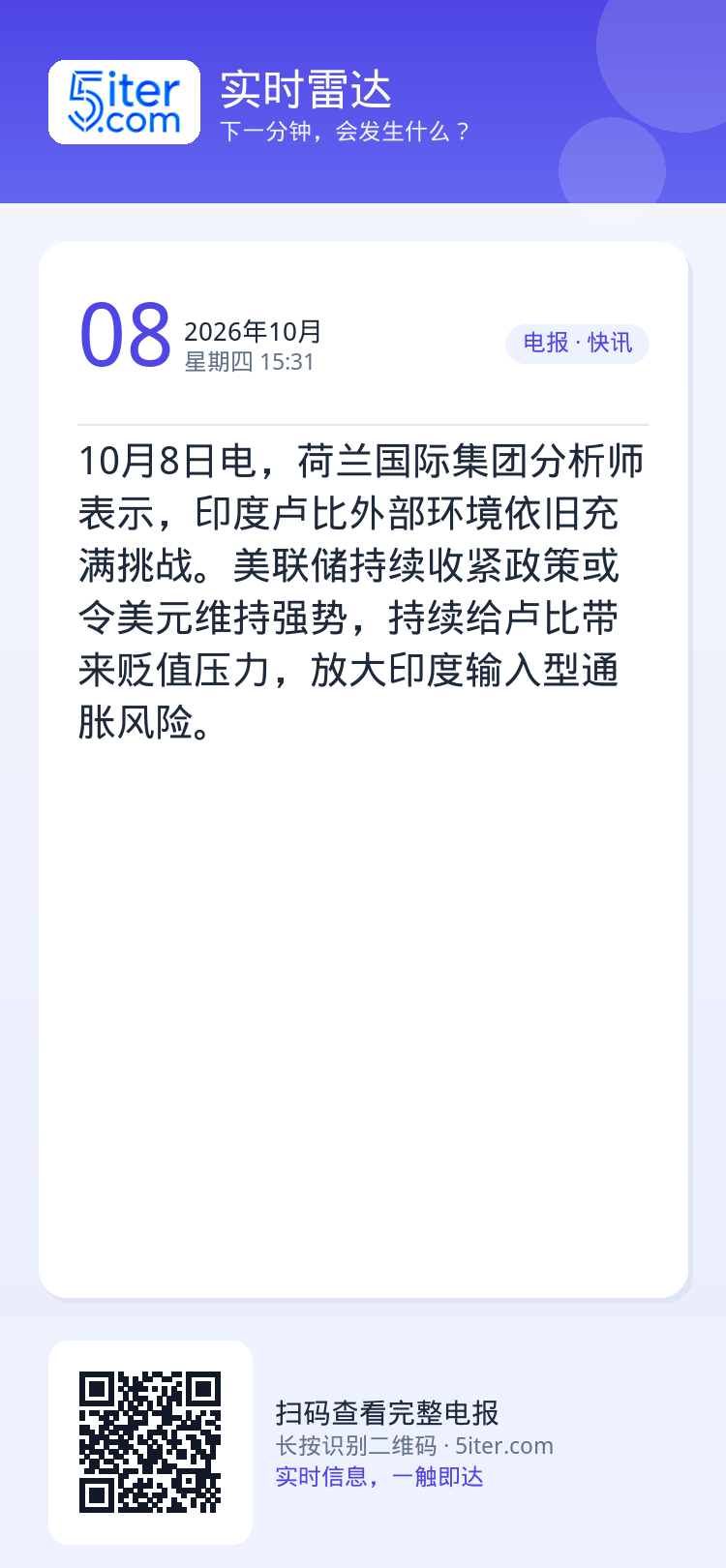 10月8日电，荷兰国际集团分析师表示，印度卢比外部环境依旧充满挑战。美联储持续收紧政策或令美元维持强势，持续给卢比带来贬