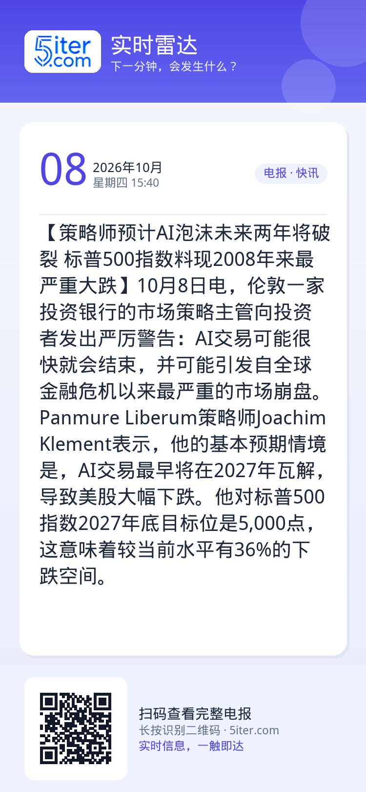 【策略师预计AI泡沫未来两年将破裂 标普500指数料现2008年来最严重大跌】10月8日电，伦敦一家投资银行的市场策略主