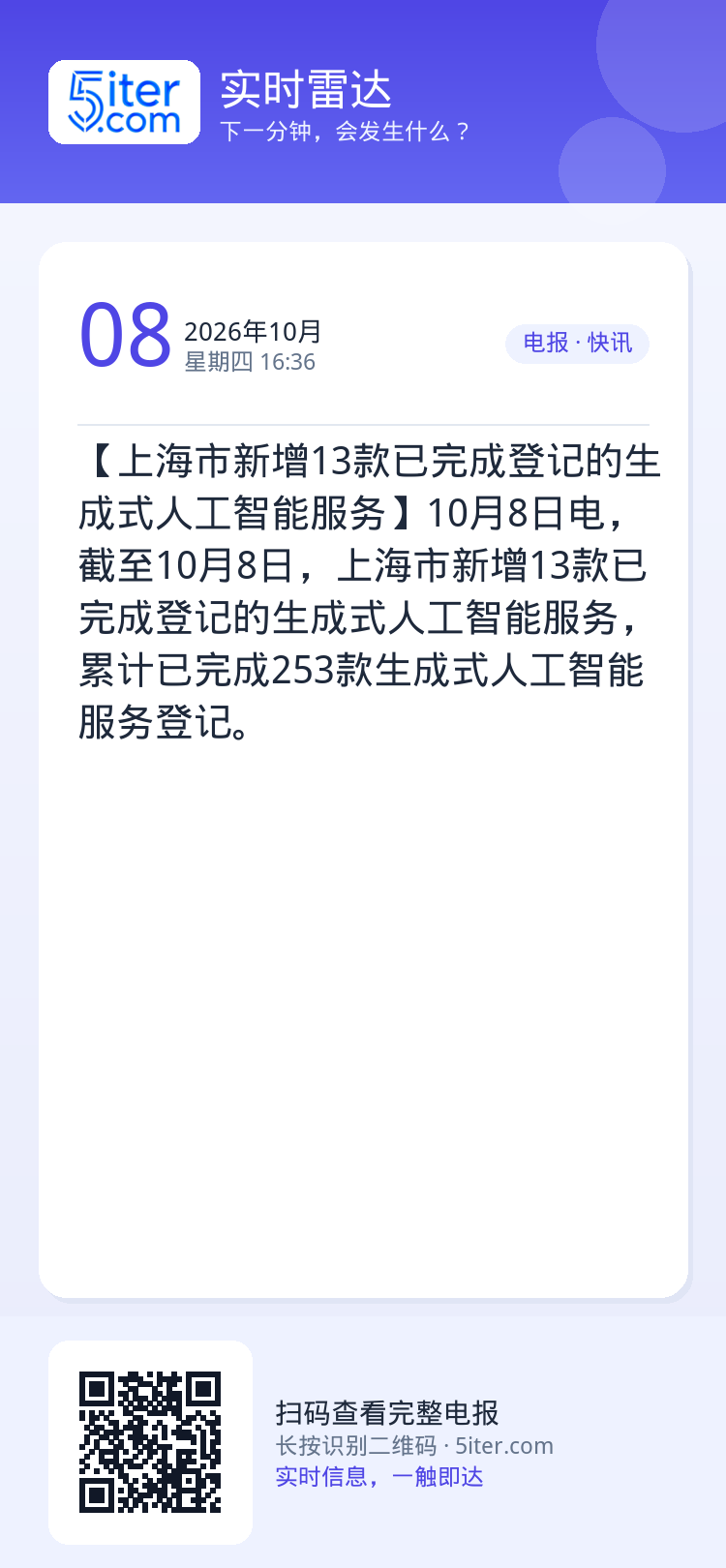 【上海市新增13款已完成登记的生成式人工智能服务】10月8日电，截至10月8日，上海市新增13款已完成登记的生成式人工智