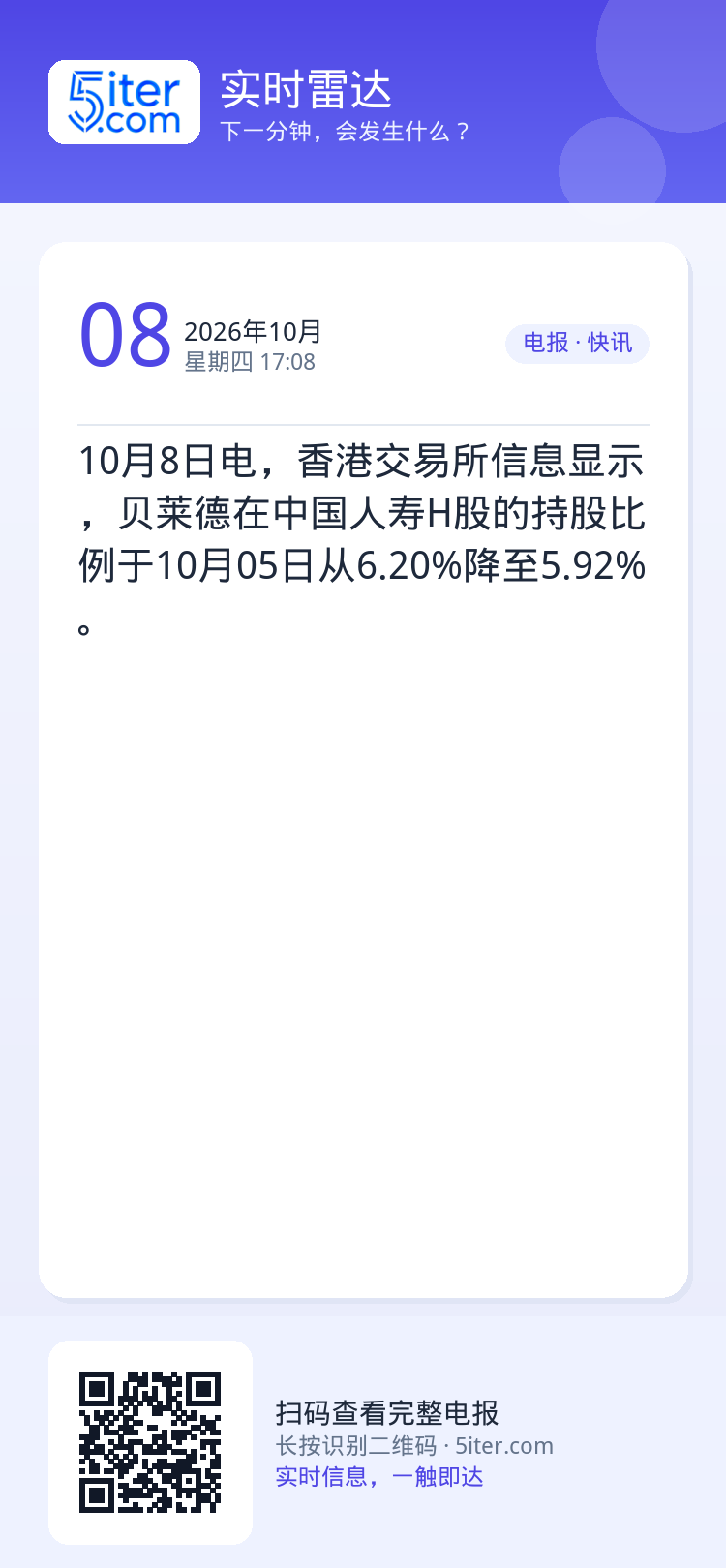 10月8日电，香港交易所信息显示，贝莱德在中国人寿H股的持股比例于10月05日从6.20%降至5.92%。