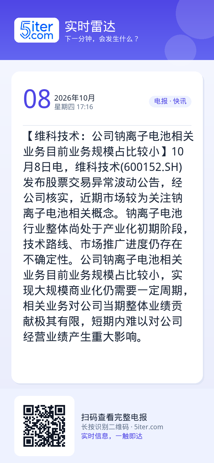 【维科技术：公司钠离子电池相关业务目前业务规模占比较小】10月8日电，维科技术(600152.SH)发布股票交易异常波动